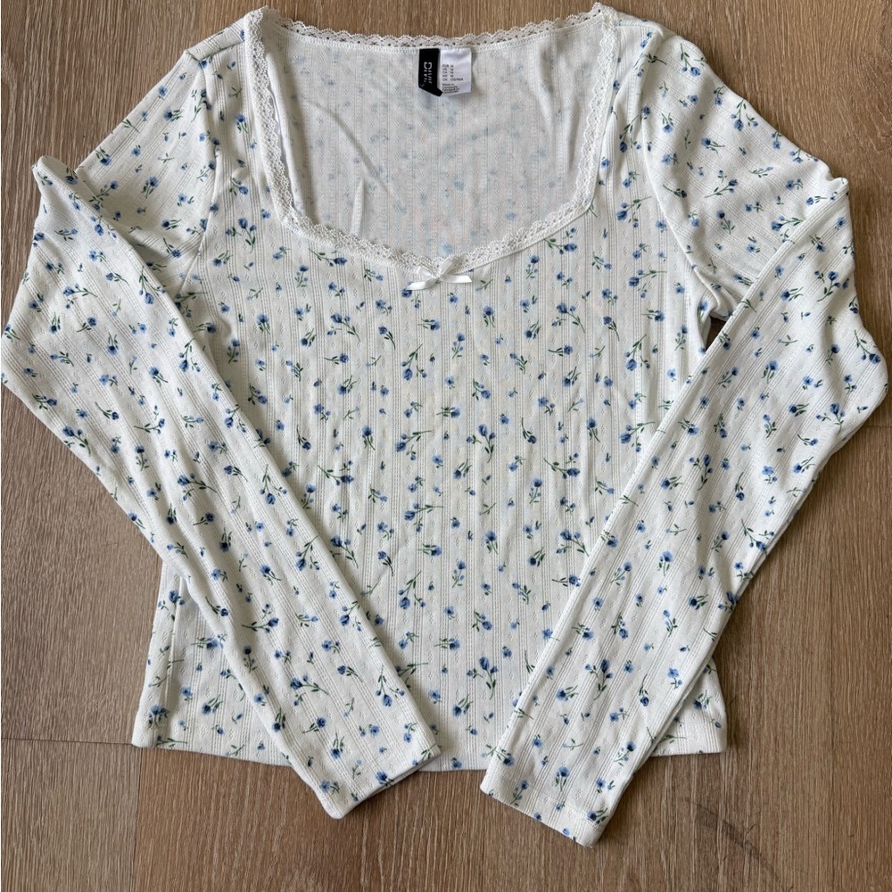 Floral Top Blue Flowers Cottage core Long-sleeve Y2K Style Basic Essential H&M - Picture 5 of 5